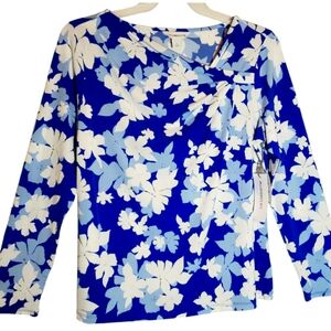 Liz Claiborne women's large blue floral print polyester pullover blouse. 6005